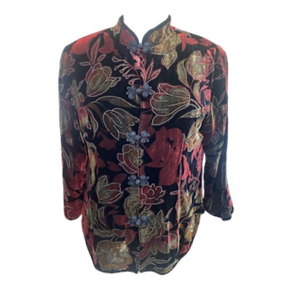 Velvet Silk Blend Floral Jacket Mandarin Collar Frog Clos Sz M Vintage Lutar - Picture 1 of 8